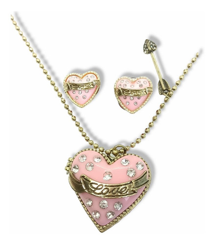 Conjunto Collar Largo Relicario Aros Corazon Rosa Dulce Amor