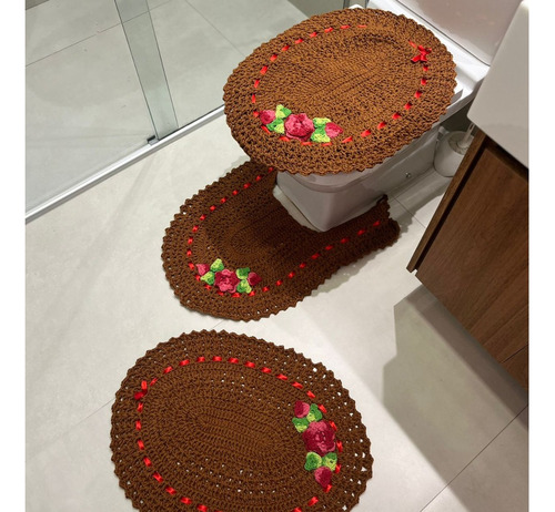 Jogo De Tapetes Para Banheiro Croche 3 Pecas Bordado Premium