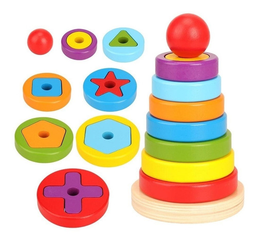 Juego Apilable De Madera Figuras Geométricas Montessori