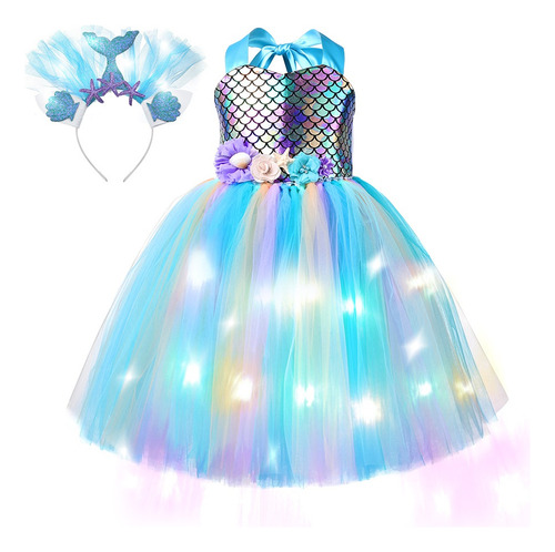 Vestido Conjunto Disfraz Sirenita Niña Tutú Tul+led