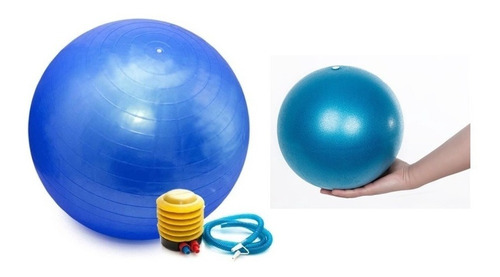 Kit Bola De Pilates Suíça C/ Bomba 65cm + Bola Overball 25cm Cor Azul