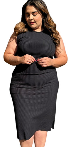 Vestido Plus Size Regata Midi Canelado Tubinho Fenda Lateral