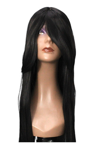 Peruca Longa Lisa Orgânica Preta Com Franja Wig 60cm +brinde