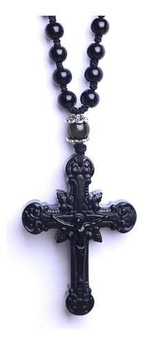 Collar De Cruz De Obsidiana Negra, Cruz De Obsidiana Natural