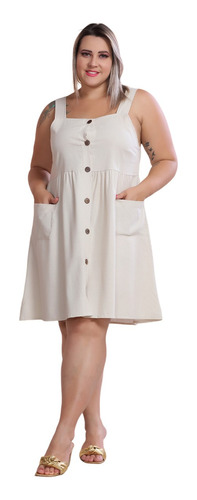 Vestido Curto Plus Size Linho Novo Com Botao G1 G2 G3