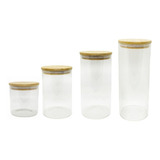 Set De 4 Frascos Vidrio Hermético Tapa Bamboo