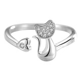 Anillo Ajustable Gato Corazón Plata 925 Gatito Cat Argolla