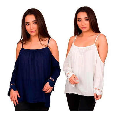 Set De Blusas Con Tirantes Manga Larga Talla Ch M-701 Marino/ Blanco Ch