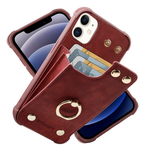 Pytwopy Anillo Funda Cartera Case Leather Para iPhone