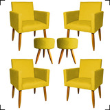 Kit 4 Poltronas Decorativas Para Sala + 2 Puff Suede Cores Cor Amarelo Desenho Do Tecido Suede Liso