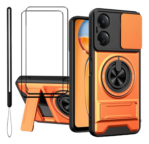 Funda Para Motorola Moto G53 5g / G13 4g / G23 Car Magnetic Mount Camera Sliding Window Anti-drop 2 In 1 Pc+tpu Ring Holder Kickstand Case + 2 Micas