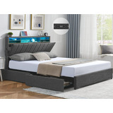 Base De Cama Led Queen Cabecera Alta C/centro De Carga Gris