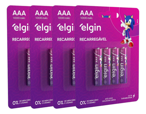 16 Pilha Palito Recarregável Aaa 1000 Mah 4 Blister Elgin