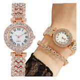 Reloj Elegante Mujer + Pulsera Plateado Y Rosa Oro