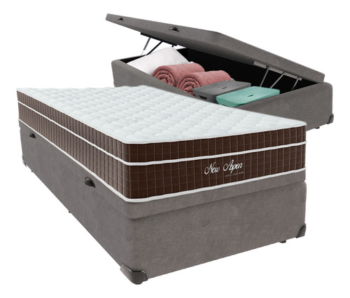 Cama + Box Baú Solteirão Cinza Colchão New Aspen Comfort