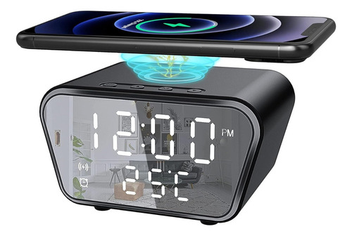 Reloj Digital Despertador Cargador Inalámbrico Para Celular Color Negro