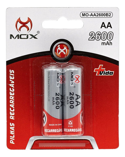 Pilha Mox Aa Recarregável 1,2v 2600 Mah Nimh 2 Pilhas