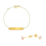 Pulseira De Chapinha + Brinco De Pedra 3mm Rosa Ouro 18k