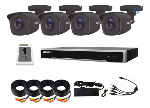 Kit 4 Cámaras 5mpx Epcom Negro Dvr 4 Ch Disco 1tb Siames