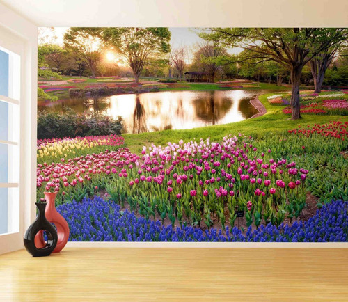 Papel De Parede 3d Paisagem Flores Lagoa Arvores M² Nlk83