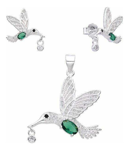 Conjunto Aros Y Dije Colibri Picaflor Plata 925 Con Cadenita