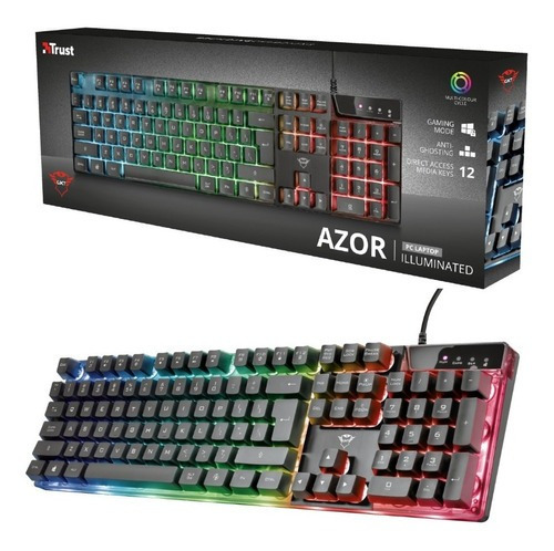 Teclado Gamer Trust Azor Gxt 835 Qwerty Inglés Color Negro Con Luz Rgb