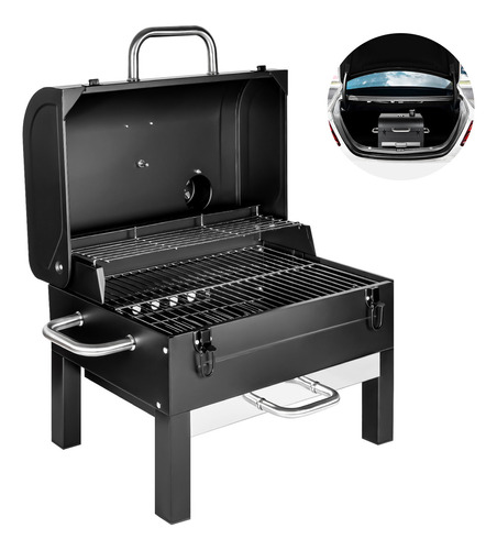 Novangua K10139 Asadores De Carbón Portátil De 51 * 34cm Gran Área De Parrilla Con Termómetro Cenicero Extraíble Parrilla Para Barbacoa Acero Recubrimiento De Esmalte Porcelanizado Negro