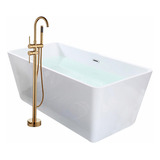 Solana Kit Tina De Baño Blanca Rectangular De Acrílico Slim 170x80x60 Cm + Grifo Independiente Tipo Cuello Cisne Monomando Gold / Kit De Lujo Completo Blanco/gold Para Cuarto De Baño