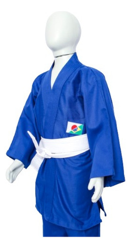 Kimono Judo Jiu Jitsu Liso Azul Bordado Reforçado + Faixa 