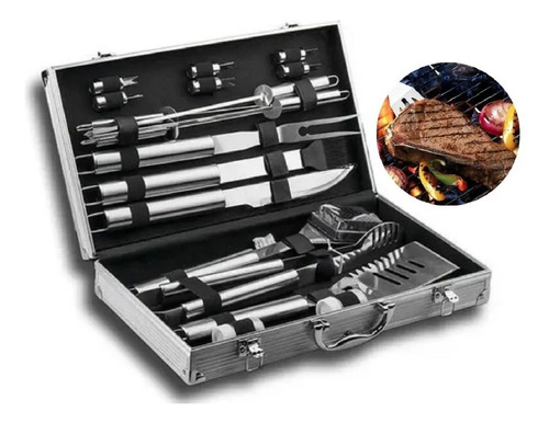 Set Parrillero Asado Barbacoa Kit Parrilla Con Maleta 18 Pcs