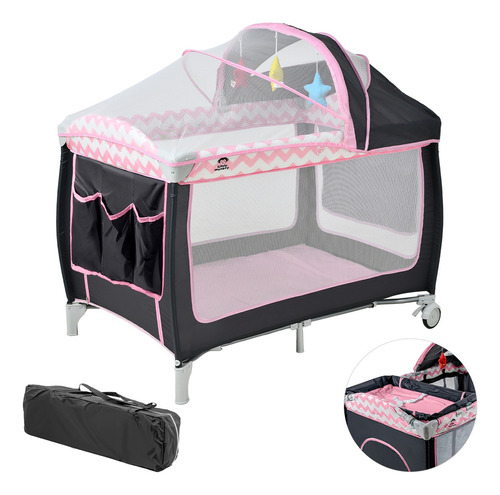 Cuna Bebes Plegable Ruedas Mosquitero Cambiador Juegos Color Rosa