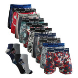 Kit 10 Cuecas Box Boxer  Estampadas Originais + 12 Par Meias