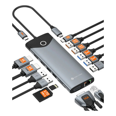 Estación De Acoplamiento 15 En 1 Novoo Adaptador Usb 3.2 Dual Hdmi 4k,vga ,100w Pd Dock,transmisión De Datos A 10 Gbps,con Función De Apagado De Pantalla Con Un Solo Toque Color Gris | Meses sin interés