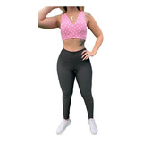 Conjunto Calça Modeladora Legging Lisa Top Croppped Poá Rosa