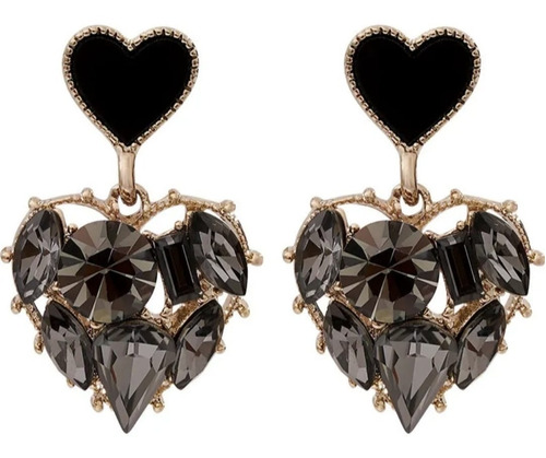 Aretes De Corazón Con Piedras Tipo Swarovski Negros Amor