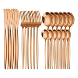 Kit De Mesa Posta Simples Jogo Talheres Inox 24 Peças Slim Cor Rosê Gold Brilhante