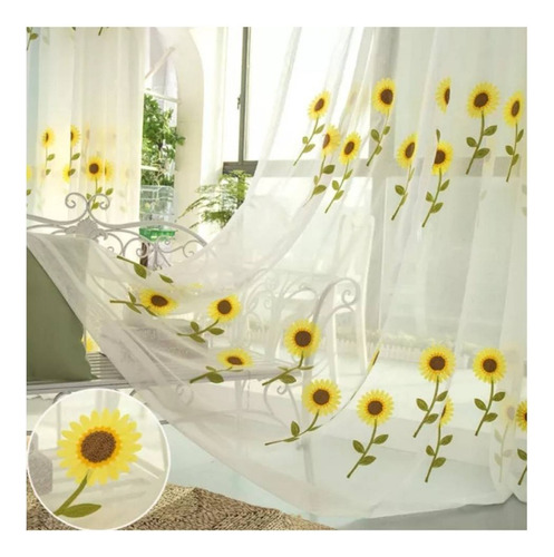 Visillo Bordado De Girasol 140 X 230 Cm  C/u Incluye 2 Paños