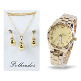 Exclusivo Relógio Feminino Dourado + Kit Colar Brinco Top