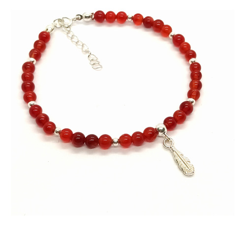 Pulsera Roja Plata 925 Piedra Natural Ágata Cornalina Pluma