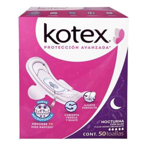 Toallas Femeninas Kotex Nocturna C/ Alas Súper Abundante 50 