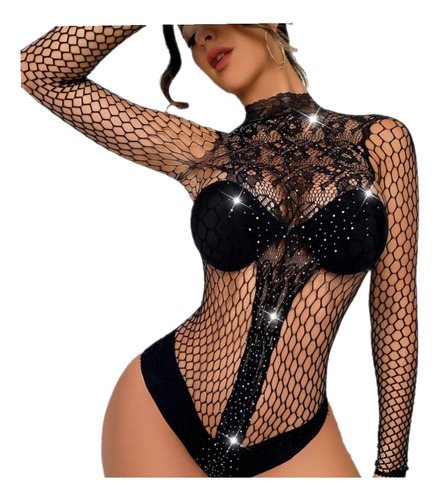 Body Brilho Arrastão Manga Longa Lingerie Strass Pedrinhas