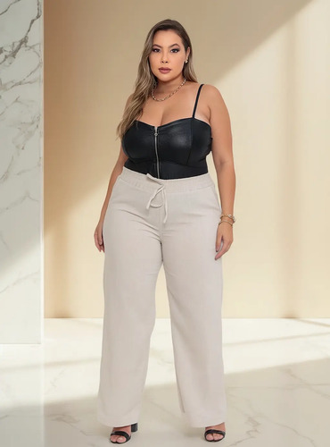 Calça Feminina Plus Size Pantalona Wide Leg De Linho | Parcelamento sem juros