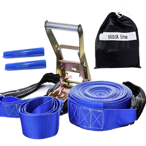 Kit Slackline Cinta 15,7 Mt Azul Alça Catraca Protetor Bolsa