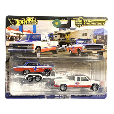 Hot Wheels Team Transport 63 Chevy Nova & 88 Silverado 3500 Blanco/rojo