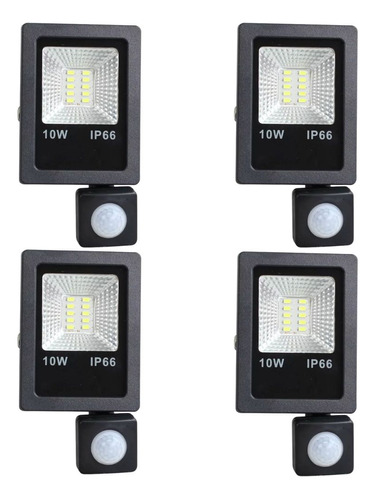 4x Refletor Holofote Led Sensor Presença Fotocélula Frio 10w