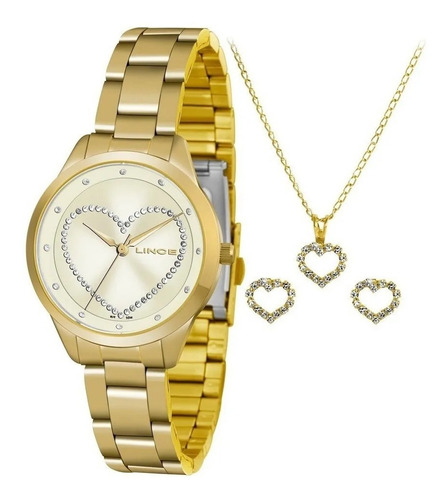 Kit Relógio Lince Feminino Lrg4557l Kv11 Dourado Coração