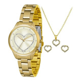 Kit Relógio Lince Feminino Lrg4557l Kv11 Dourado Coração