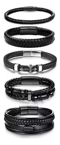 5 Piezas Pulsera Para Hombre De Cuero Con Hebilla Magnética