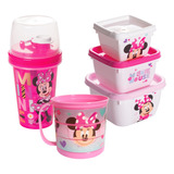 Kit Minnie Plasutil Garrafa 320ml Potes Caneca Porta Lanche