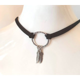 Collar Choker Gargantilla Cuero Gamuzado Aro Argolla Plumas